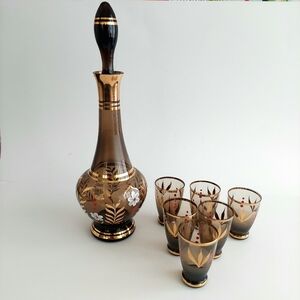 Vintage Mid Century Bohemian Smoked Glass Decanter Set 6 Shot Glasses